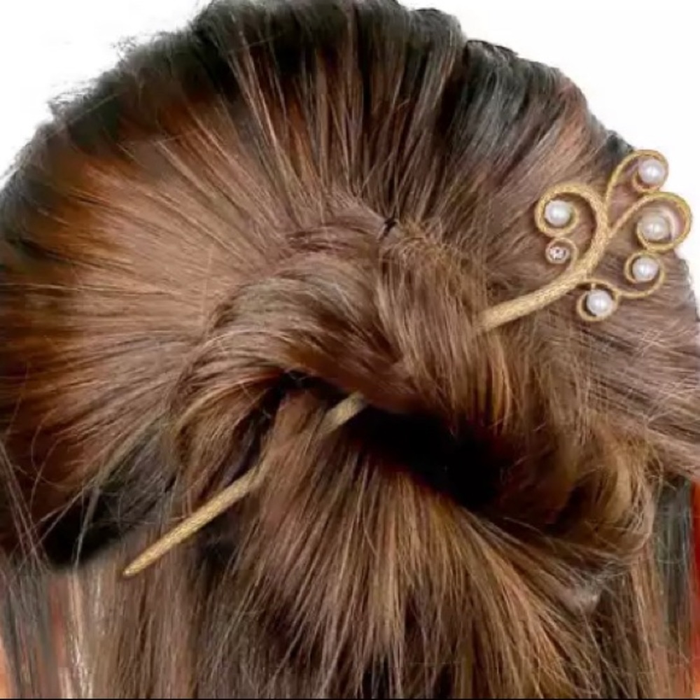 🆕Gold Pearl Rhinestone Hair Stick 6.5”